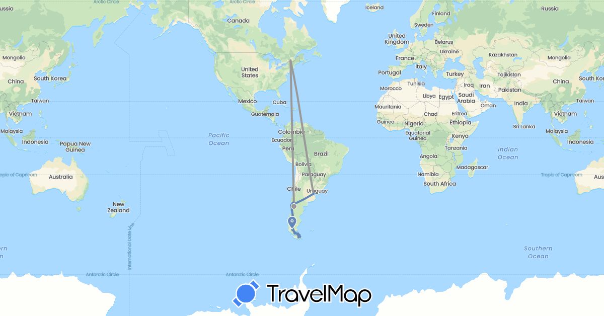 TravelMap itinerary: bus, plane, cycling in Argentina, Canada, Chile (North America, South America)